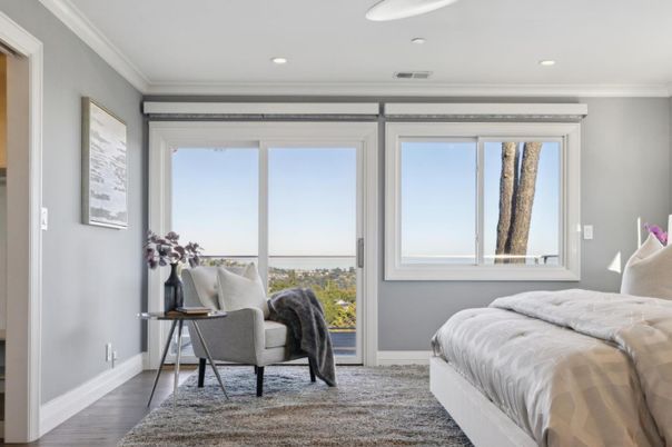 Bedroom, Interior, Recessed Lighting, Water, Wood Texture Flooring