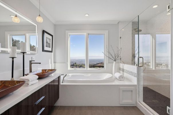 Bathroom, Dual Sink Vanities, Glass Shower, Interior, Pendant Lights, Recessed Lighting, Water