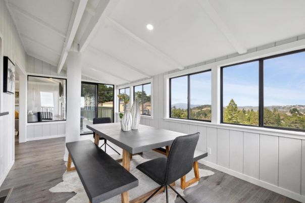 Dining room, Interior, Recessed Lighting, Wood Texture Flooring