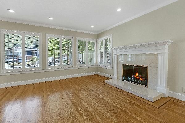 Empty room, Fireplace, Interior, Recessed Lighting, Wood Texture Flooring