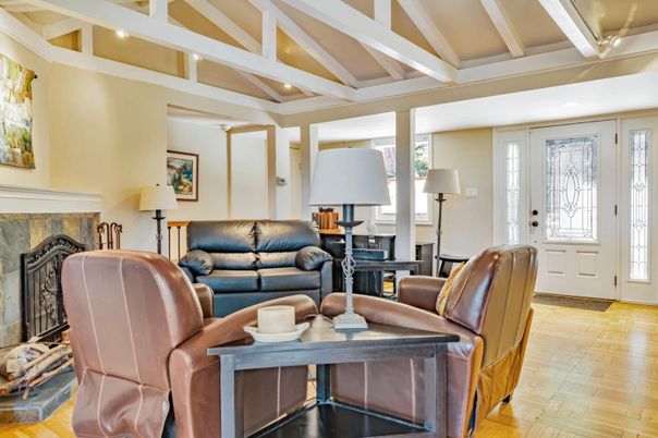 Fireplace, Interior, Living room, Recessed Lighting, Wood Texture Flooring
