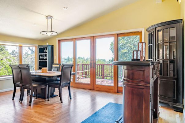 Dining room, Interior, Pendant Lights, Recessed Lighting, Wood Texture Flooring