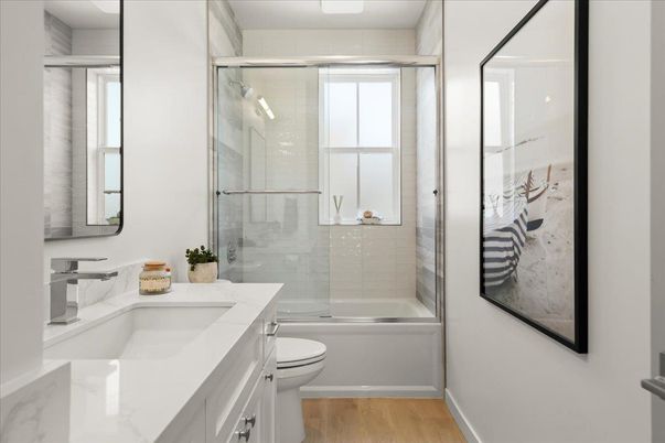 Bathroom, Dual Sink Vanities, Glass Shower, Interior, Wood Texture Flooring