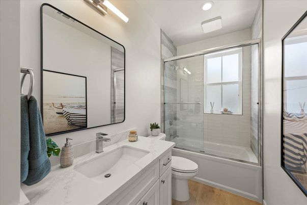 Bathroom, Glass Shower, Interior, Recessed Lighting, Wood Texture Flooring