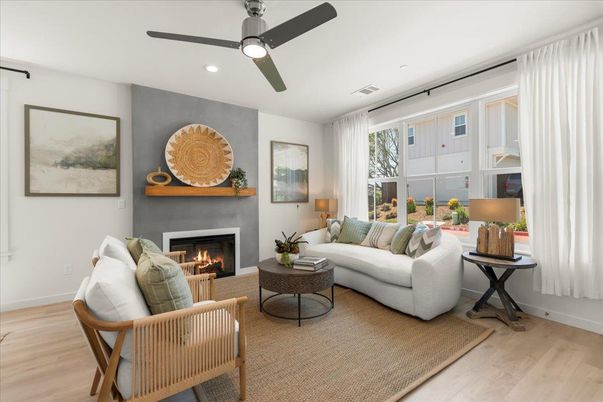 Fireplace, Interior, Living room, Recessed Lighting, Wood Texture Flooring