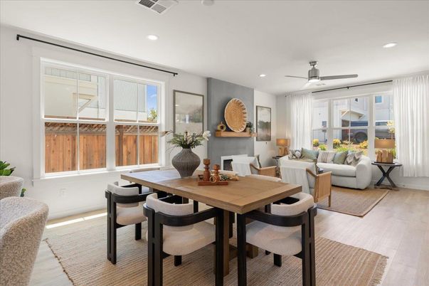 Dining room, Fireplace, Interior, Living room, Recessed Lighting, Wood Texture Flooring