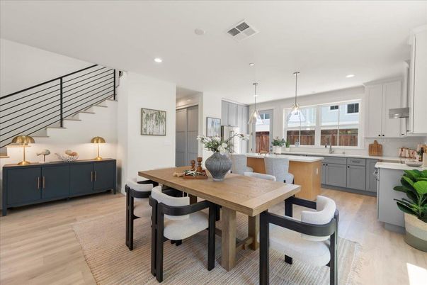 Dining room, Interior, Kitchen, Pendant Lights, Recessed Lighting, Wood Texture Flooring