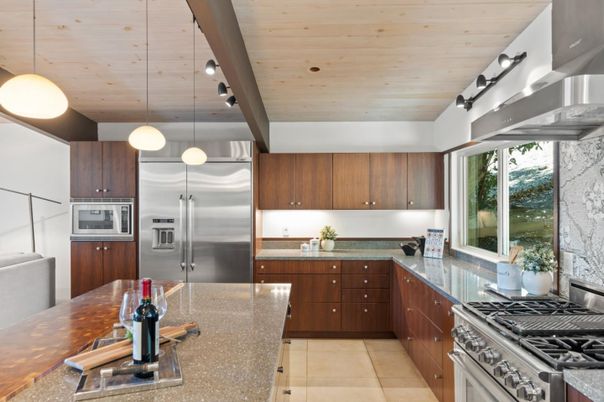 Interior, Kitchen, Pendant Lights, Stainless Steel Appliances, Wooden Ceilings