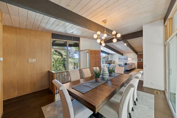 Dining room, Interior, Living room, Pendant Lights, Wooden Beams, Wooden Ceilings, Wood Texture Flooring, Wooden Walls