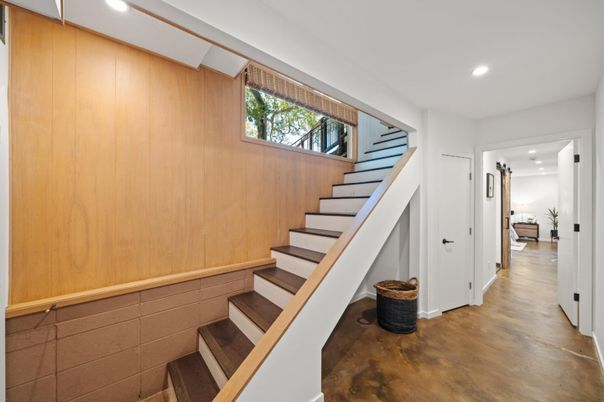 Interior, Recessed Lighting, Wood Texture Flooring, Wooden Walls