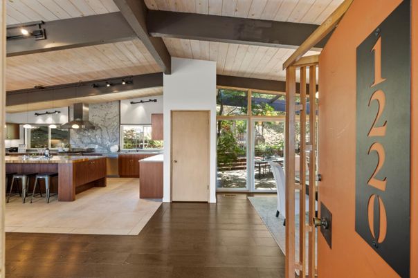 Interior, Kitchen, Marble Walls, Pendant Lights, Wooden Ceilings, Wood Texture Flooring