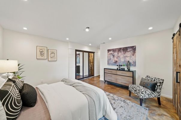 Bedroom, Interior, Recessed Lighting, Wood Texture Flooring
