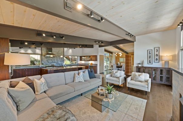 Dining room, Interior, Kitchen, Living room, Pendant Lights, Stone Walls, Wooden Ceilings, Wood Texture Flooring