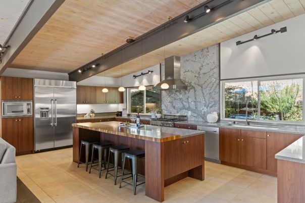 Interior, Kitchen, Marble Walls, Pendant Lights, Stainless Steel Appliances, Wooden Ceilings