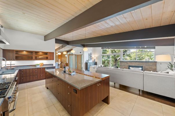 Interior, Kitchen, Living room, Pendant Lights, Wooden Ceilings, Wood Texture Flooring