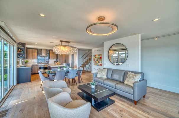 Chandelier, Dining room, Interior, Kitchen, Living room, Recessed Lighting, Stainless Steel Appliances, Wood Texture Flooring