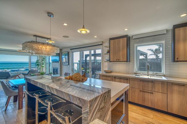Dining room, Interior, Kitchen, Pendant Lights, Recessed Lighting, Water, Wood Texture Flooring