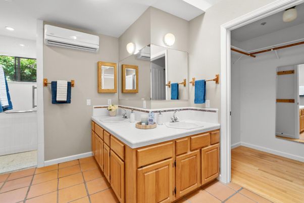 Bathroom, Dual Sink Vanities, Interior, Recessed Lighting, Wood Texture Flooring