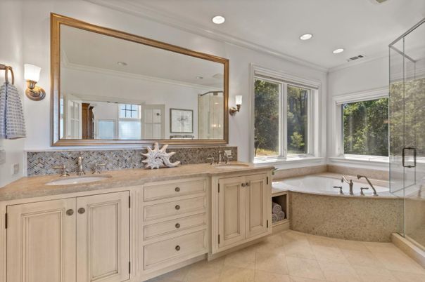 Bathroom, Dual Sink Vanities, Glass Shower, Interior, Recessed Lighting