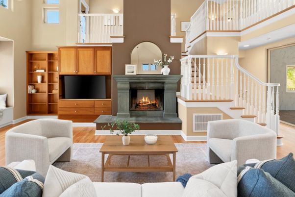 Fireplace, Interior, Living room, Pendant Lights, Recessed Lighting, Wood Texture Flooring