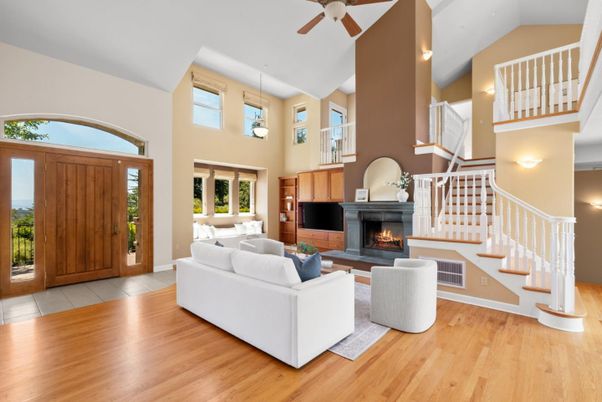 Fireplace, Interior, Living room, Pendant Lights, Wood Texture Flooring