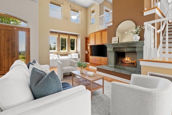 Fireplace, Interior, Living room, Pendant Lights, Wood Texture Flooring