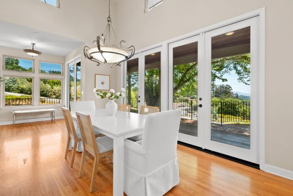 Dining room, Interior, Pendant Lights, Wood Texture Flooring