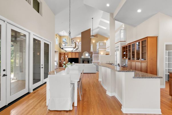 Chandelier, Dining room, Interior, Kitchen, Living room, Pendant Lights, Recessed Lighting, Wood Texture Flooring