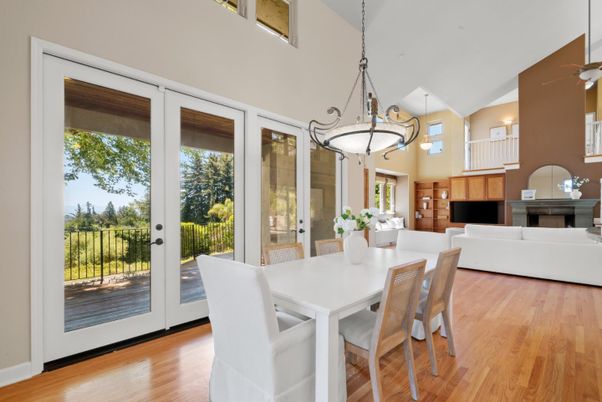 Chandelier, Dining room, Fireplace, Interior, Living room, Pendant Lights, Wood Texture Flooring