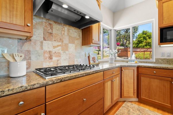 Interior, Kitchen, Recessed Lighting, Stone Walls, Wood Texture Flooring