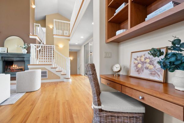 Fireplace, Interior, Recessed Lighting, Wood Texture Flooring