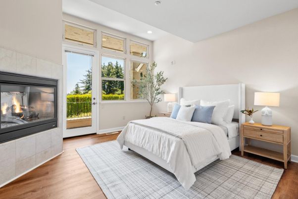 Bedroom, Fireplace, Interior, Recessed Lighting, Wood Texture Flooring
