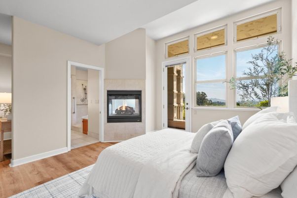 Bedroom, Fireplace, Interior, Wood Texture Flooring