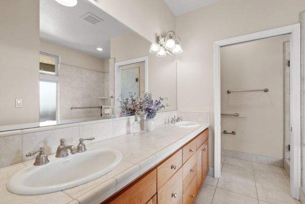Bathroom, Dual Sink Vanities, Interior, Recessed Lighting, Tile Countertops