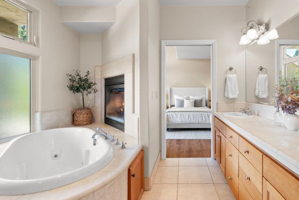 Bathroom, Bedroom, Dual Sink Vanities, Interior, Tile Countertops, Wood Texture Flooring