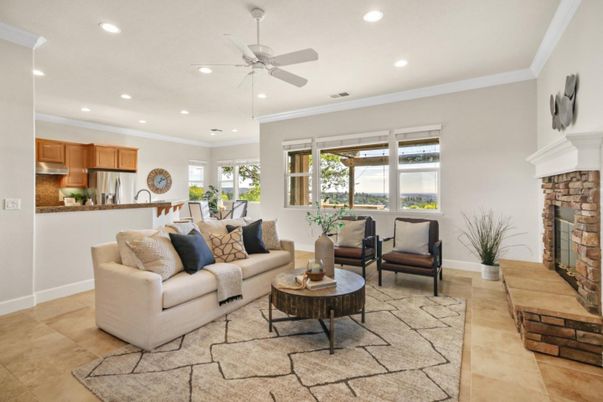 Dining room, Fireplace, Interior, Kitchen, Living room, Recessed Lighting