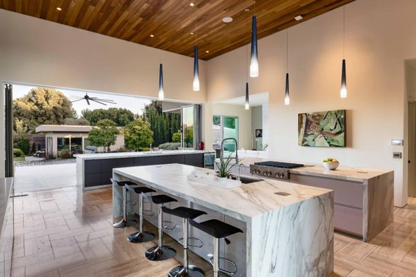 Interior, Kitchen, Pendant Lights, Recessed Lighting, Stainless Steel Appliances, Wooden Ceilings, Wood Texture Flooring