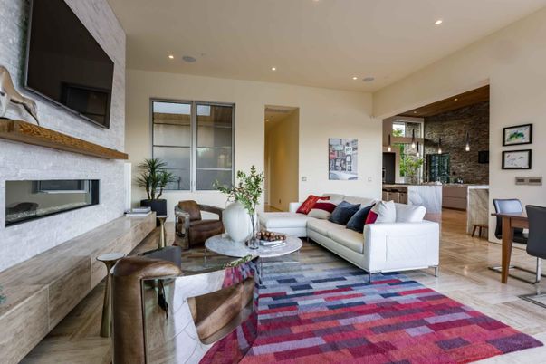 Fireplace, Interior, Living room, Recessed Lighting, Stone Walls