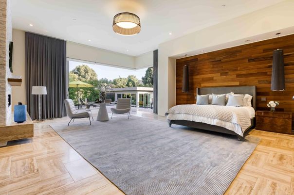 Bedroom, Interior, Recessed Lighting, Wood Texture Flooring, Wooden Walls