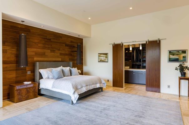 Bedroom, Interior, Recessed Lighting, Wood Texture Flooring, Wooden Walls