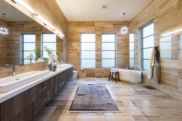 Bathroom, Dual Sink Vanities, Free Standing Baths, Interior, Pendant Lights, Recessed Lighting, Wooden Walls