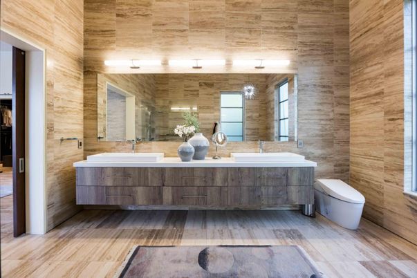 Bathroom, Dual Sink Vanities, Interior, Wood Texture Flooring, Wooden Walls