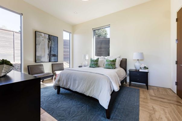 Bedroom, Interior, Recessed Lighting, Wood Texture Flooring