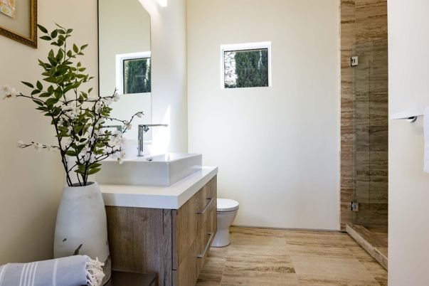 Bathroom, Glass Shower, Interior, Wood Texture Flooring