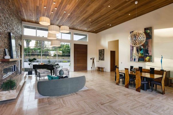 Dining room, Fireplace, Interior, Pendant Lights, Recessed Lighting, Wooden Ceilings, Wood Texture Flooring