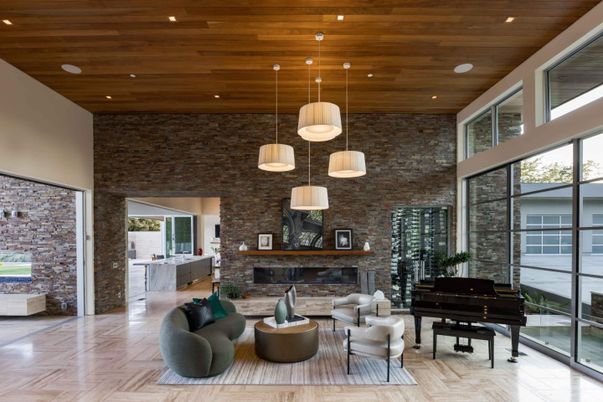 Interior, Living room, Pendant Lights, Piano, Recessed Lighting, Stone Walls, Wooden Ceilings, Wood Texture Flooring