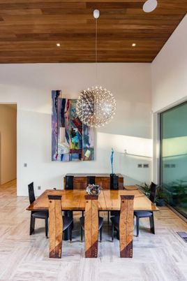 Dining room, Interior, Pendant Lights, Recessed Lighting, Wooden Ceilings, Wood Texture Flooring