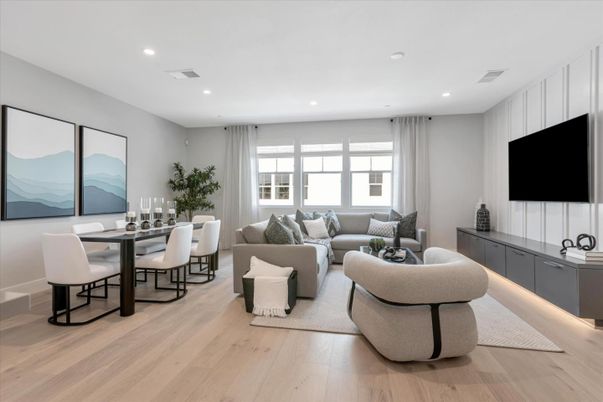 Dining room, Interior, Living room, Recessed Lighting, Wood Texture Flooring