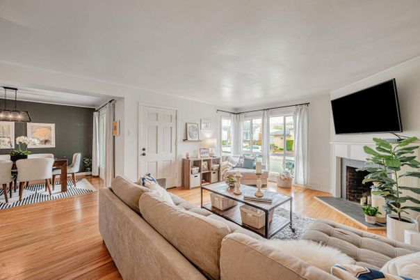 Dining room, Fireplace, Interior, Living room, Pendant Lights, Wood Texture Flooring
