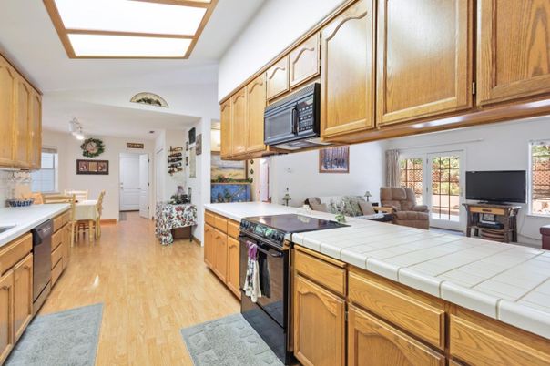 Dining room, Interior, Kitchen, Tile Countertops, Wood Texture Flooring